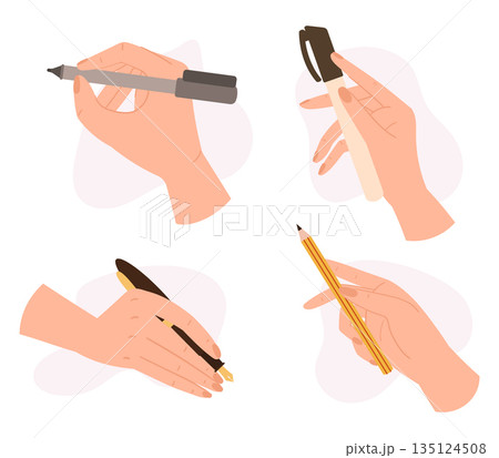 Set Of Hands Manipulating With Writing Such As Tools Pen, Pencil, Marker And Quill Pen In Different Ways Set Of Hands Manipulating With Writing Such As Tools Pen, Pencil, Marker And Quill Pen In Different Ways 135124508
