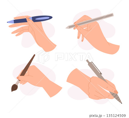 Human Hand Holding Pencil, Pen, Stylus And Paintbrush. Concept Of Back To School, Creativity, Art Classes 135124509