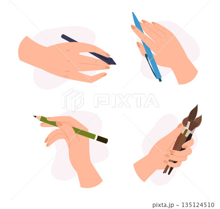 Human Hand Holding Pencil With Graphite Tip, Stylus, Paintbrush And Pen. Concept Of Writing Cartoon Vector Illustration 135124510