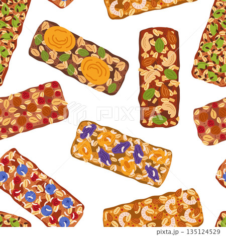 Seamless Pattern With Colorful, Appetizing, Wholesome Granola Bars, Arranged In A Delightful And Balanced Composition 135124529