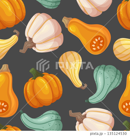 Seamless Pattern with Pumpkins, Repeated Arrangement Of Gourds In A Tile Design, Perfect For Autumn Festival 135124530