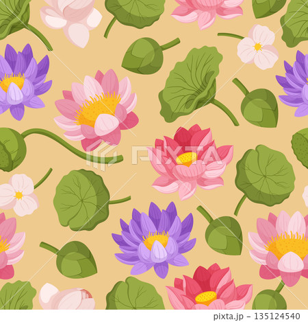 Seamless Pattern Showcasing The Graceful Elegance Of Water Lily And Lotus Flowers, Creating A Harmonious Design 135124540
