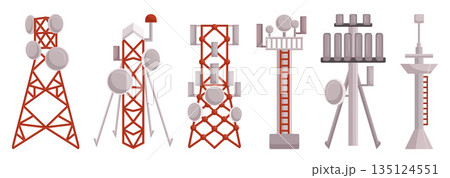 Radio Towers, Tall Structures For Transmitting Signals. Equipped With Antennas To Broadcast And Receive Radio Waves Radio Towers, Tall Structures For Transmitting Signals. Equipped With Antennas To Broadcast And Receive Radio Waves 135124551