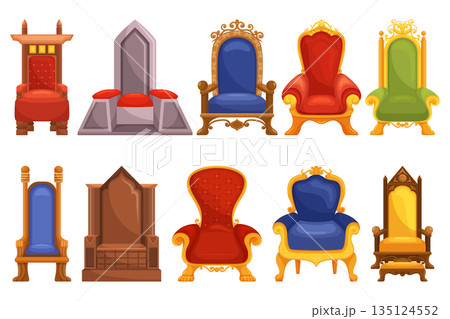 Regal And Ornate Set Of Royal Thrones Exudes Majesty And Grandeur. Fit For Royalty, These Thrones Cartoon Vector Icons Regal And Ornate Set Of Royal Thrones Exudes Majesty And Grandeur. Fit For Royalty, These Thrones Cartoon Vector Icons 135124552