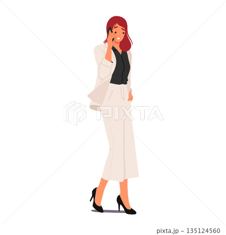 Confident Businesswoman Character, Poised And Professional, Engages In A Conversation On Her Smartphone, Vector Confident Businesswoman Character, Poised And Professional, Engages In A Conversation On Her Smartphone, Vector 135124560