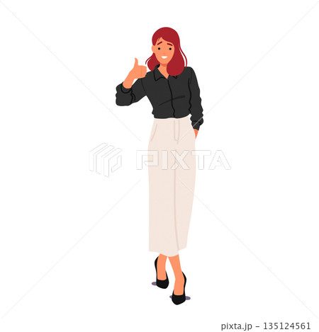 Confident Businesswoman Character Proudly Giving A Thumbs-up, Signaling Success, Excellence, Approval, Vector Confident Businesswoman Character Proudly Giving A Thumbs-up, Signaling Success, Excellence, Approval, Vector 135124561