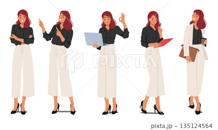 Business Woman Standing in Different Poses. Female Character in Smart Wear with Folded Arms, Pointing Gesture Business Woman Standing in Different Poses. Female Character in Smart Wear with Folded Arms, Pointing Gesture 135124564