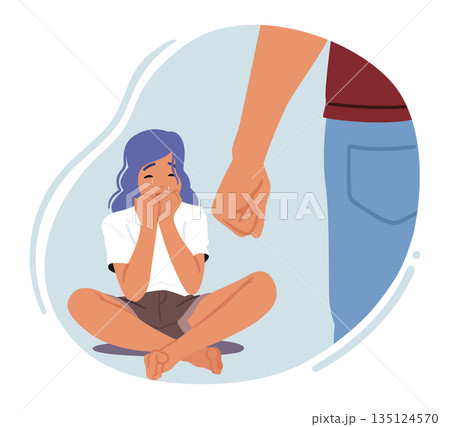 Father's Fist Raised Over Crying Daughter Sitting on Floor, Representing Physical Or Emotional Abuse, Fear Father's Fist Raised Over Crying Daughter Sitting on Floor, Representing Physical Or Emotional Abuse, Fear 135124570