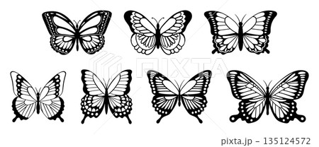 Captivating Set Of Graceful Black Butterfly Silhouettes, Each Intricately Detailed, Fluttering Against White Background 135124572