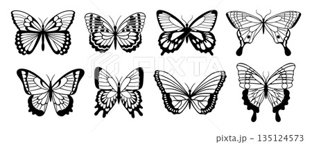 Artistic Set Of Black Butterfly Silhouettes, Capturing The Grace And Beauty Of These Delicate Creatures 135124573