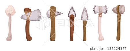 Set Of Essential Stone Age Hunting Tools For Early Humans To Hunt Animals For Survival. Spear And Arrow, Stone Hammer 135124575