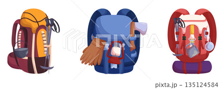 Travel Backpacks with Tourist Stuff. Functional, Durable And Spacious Rucksacks Designed To Keep Belongings 135124584