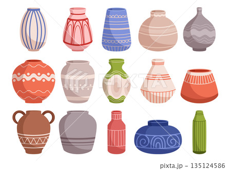 Colorful Set Of Ceramic Vases In Various Shapes And Sizes Perfect For Displaying Flowers And Foliage Vector Illustration Colorful Set Of Ceramic Vases In Various Shapes And Sizes Perfect For Displaying Flowers And Foliage Vector Illustration 135124586