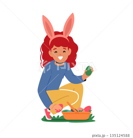 Girl With Rabbit Ears Happily Picking Colorful Easter Eggs From The Grass. Joyful Image Evokes Feelings Of Spring 135124588