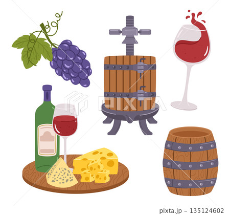 Winery Icons Collection. Set of Ripe Grapes, Press Machine, Wineglass with Red Splashing Liquid, Wooden Barrell, Tray Winery Icons Collection. Set of Ripe Grapes, Press Machine, Wineglass with Red Splashing Liquid, Wooden Barrell, Tray 135124602