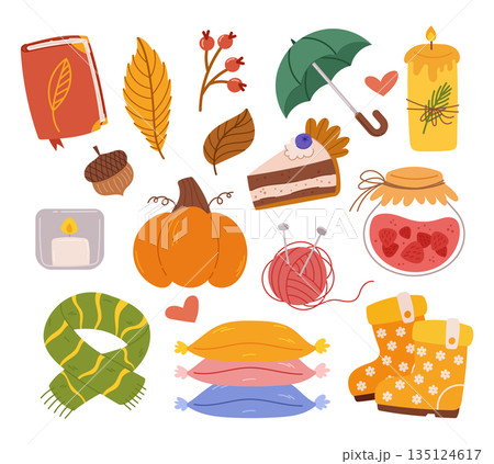 Cozy Autumn Set. Cartoon Book, Leaves, Umbrella And Burning Candle, Pumpkin Cake. Scarf, Pillows, And Acorn Cozy Autumn Set. Cartoon Book, Leaves, Umbrella And Burning Candle, Pumpkin Cake. Scarf, Pillows, And Acorn 135124617