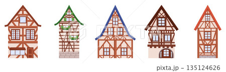 Half-timbered Houses Feature Exposed Wooden Frames Filled With Plaster Or Brick. Traditional Architectural Style Half-timbered Houses Feature Exposed Wooden Frames Filled With Plaster Or Brick. Traditional Architectural Style 135124626