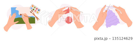 Set Of Hands Painting And Knitting Top View, Female Character Arms Gaining Creative Classes, Diy Hobby, Craft 135124629