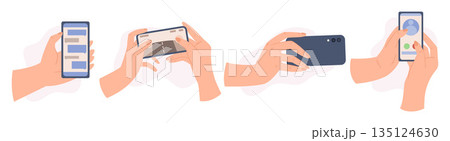 Set Hands Holding Mobile Phones. People Handling With Cellphones. Fingers Touching, Tapping, Scrolling Smartphone Screen 135124630