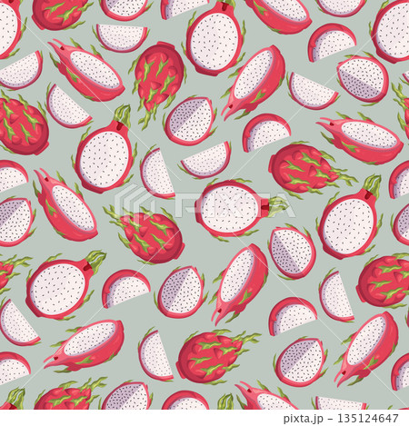 Seamless Dragon Fruit Pattern. Repeated Design Of Ripe, Juicy Pitahaya Fruit On Colored Background. Motif For Fabric 135124647