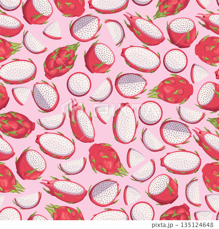 Seamless Dragon Fruit Pattern For Stock. Fresh, Vibrant, Repeatable Design Featuring Dragon Fruit Slices 135124648