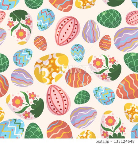 Seamless Pattern Filled With Vibrant Easter Eggs In Various Colors And Patterns. Design For Festive Decorations 135124649