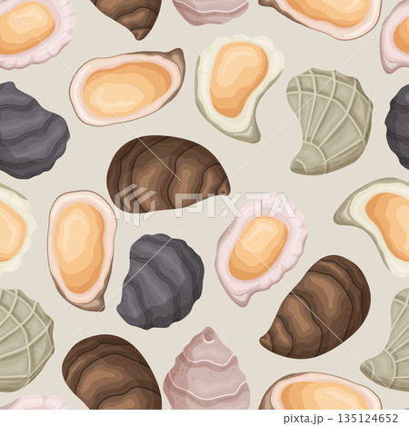 Seamless Pattern with Oyster Shells Gracefully Repeated In A Tile Design, Creating A Sophisticated And Elegant Ornament 135124652