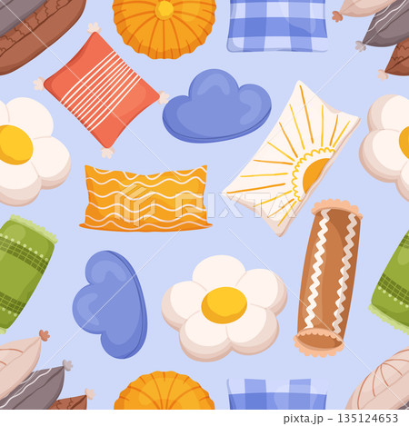 Pillows Seamless Pattern, Creative Design Featuring Various Soft Pillows In Different Shapes, Sizes, And Ornaments 135124653