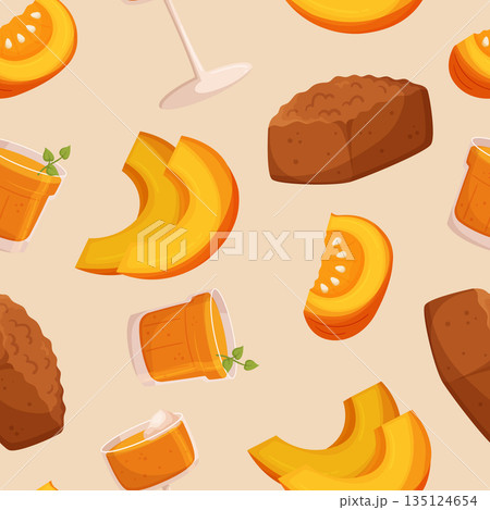 Seamless Pattern Featuring Delightful Pumpkin Dishes, Juice and Pie. Autumn Tile Background, Vector Illustration 135124654