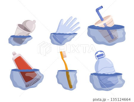 Floating Debris In Water. Disposable Package, Rubber Glove, Toothpaste Tube And Brush, Plastic Bottle Trash, Vector 135124664