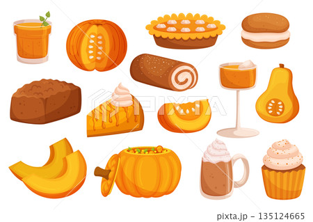 Delicious Pumpkin Dishes From Creamy Pumpkin Soup To Sweet Pie, Juice, Cocktail and Pastry, Seasonal Treats Set 135124665