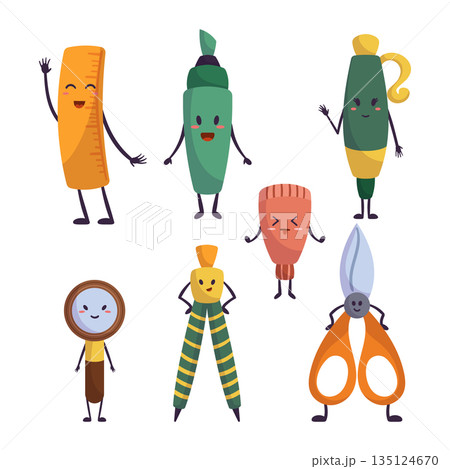 School Items Characters Set. Ruler, Pen, Compass And Loupe. Scissors, Highlighter And Sharpener Cute Personages School Items Characters Set. Ruler, Pen, Compass And Loupe. Scissors, Highlighter And Sharpener Cute Personages 135124670