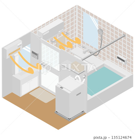 アイソメトリックの脱衣所と浴室に暖房器具を設置して温度のバリアフリーのイメージした素材 アイソメトリックの脱衣所と浴室に暖房器具を設置して温度のバリアフリーのイメージした素材 135124674