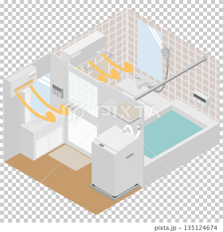 アイソメトリックの脱衣所と浴室に暖房器具を設置して温度のバリアフリーのイメージした素材 アイソメトリックの脱衣所と浴室に暖房器具を設置して温度のバリアフリーのイメージした素材 135124674