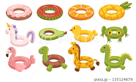 Swimming Rings Set. Colorful And Inflatable Rings Ideal For Water Activities And Pool Games. Lightweight 135124679