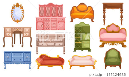 Elegant Vintage Furniture Set, Featuring Intricate Woodwork And Timeless Design. Bureau, Dresser, Sofa, Armchairs Elegant Vintage Furniture Set, Featuring Intricate Woodwork And Timeless Design. Bureau, Dresser, Sofa, Armchairs 135124686