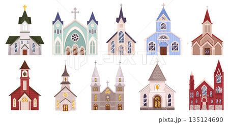 Set Of Catholic Churches, Featuring Stunning Architectural Diversity, Intricate Stained Glass Windows, And Peaks 135124690