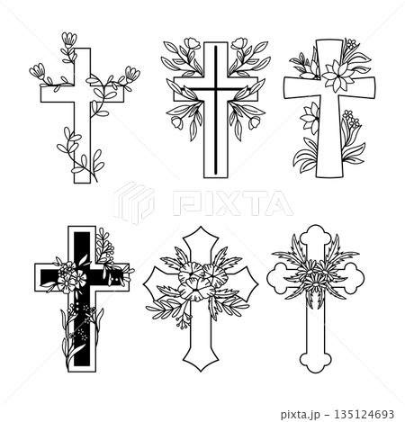 An Exquisite Collection Of Monochrome Christian Crosses Adorned With Intricate Floral Designs, Vector Illustration An Exquisite Collection Of Monochrome Christian Crosses Adorned With Intricate Floral Designs, Vector Illustration 135124693