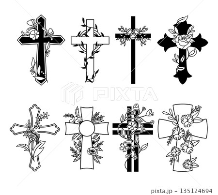 Collection Of Christian Crosses With Intricate Floral Designs. Icons Set Combines Religious Symbolism With Flowers Collection Of Christian Crosses With Intricate Floral Designs. Icons Set Combines Religious Symbolism With Flowers 135124694