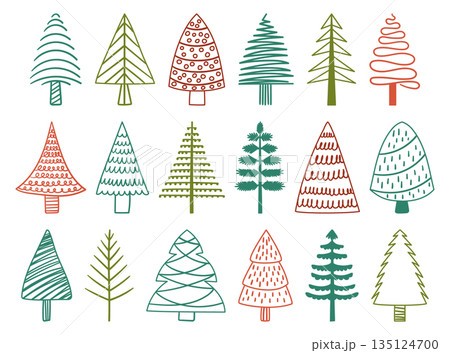Festive Doodle Christmas Trees Set, Whimsical And Creative Pine And Spruce Tree Designs, Cartoon Hand Drawn Illustration 135124700