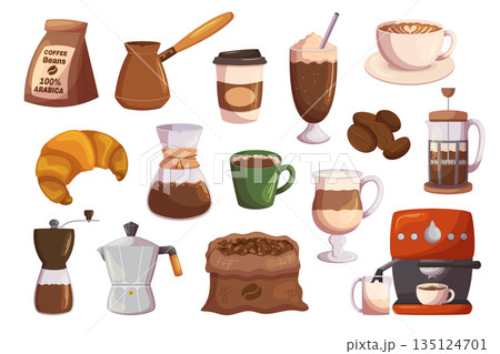 Set Of Coffee Themed Icons. Beans Package, Cezve, Coffee Maker Machine And Croissant, Carton Disposable Cup Set Of Coffee Themed Icons. Beans Package, Cezve, Coffee Maker Machine And Croissant, Carton Disposable Cup 135124701