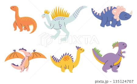 Whimsical Set Of Cartoon Dinosaur Characters, Perfect For Adding A Prehistoric Charm To Projects. Dino Personages 135124707