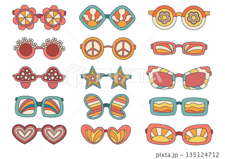 Set of Groovy Sunglasses. Collection Of Stylish Eyewear Featuring Trendy Shapes of Heart, Amanita, Star or Butterfly Set of Groovy Sunglasses. Collection Of Stylish Eyewear Featuring Trendy Shapes of Heart, Amanita, Star or Butterfly 135124712