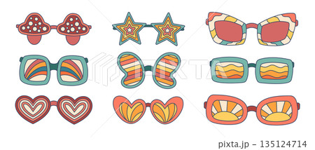 Groovy Sunglasses Set. Retro-inspired Sunglasses In Various Fun Shapes And Colors. Perfect For Adding A Touch Of Vintage Groovy Sunglasses Set. Retro-inspired Sunglasses In Various Fun Shapes And Colors. Perfect For Adding A Touch Of Vintage 135124714