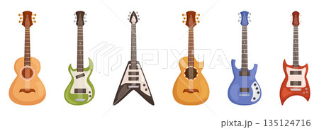 Guitars Set, Stringed Instruments With Resonating Body And Neck Played By Plucking Or Strumming The Strings 135124716