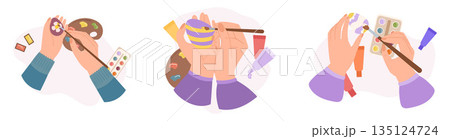 Set of Hands Painting Easter Eggs. Concept of Joy And Creativity, Seasonal Tradition. Eggs in Vibrant Colors And Designs Set of Hands Painting Easter Eggs. Concept of Joy And Creativity, Seasonal Tradition. Eggs in Vibrant Colors And Designs 135124724