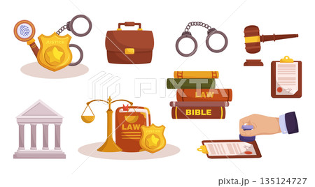 Comprehensive Law Elements Set Comprising Legal Documents, Contracts, Case Studies, Police Badge, Handcuffs, Scales Comprehensive Law Elements Set Comprising Legal Documents, Contracts, Case Studies, Police Badge, Handcuffs, Scales 135124727