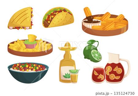 Set Of Flavorful Mexican Meals. Spicy Tacos, Tangy Ceviche, Savory Enchiladas, Hearty Churros, Traditional Nachos 135124730
