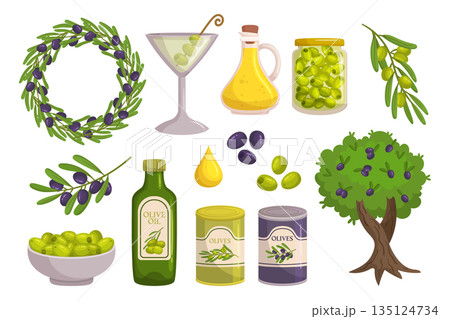 Olives And Olive Products Set. Green And Black Olives, Oil Bottle, Wreath, And Tree. Icons For Mediterranean Cuisine 135124734