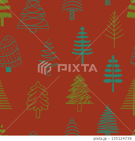 Whimsical Doodle Christmas Trees Festive Repeated Seamless Pattern. Tile Ornament, And Holiday Magic Intertwine Whimsical Doodle Christmas Trees Festive Repeated Seamless Pattern. Tile Ornament, And Holiday Magic Intertwine 135124739